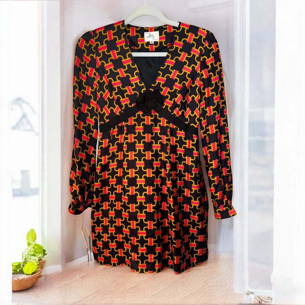 Milly‎ of New York Silk Geometric Chain Print Empire Waist Dress Black Gold sz 2